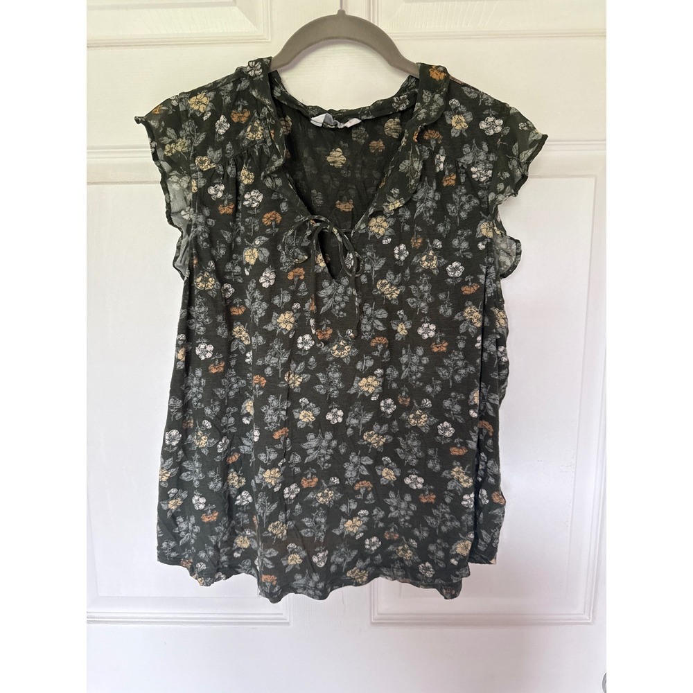 Lucky Brand Women XL Green Floral Ruffle Tie Neck Flutter Sleeve Blouse Top